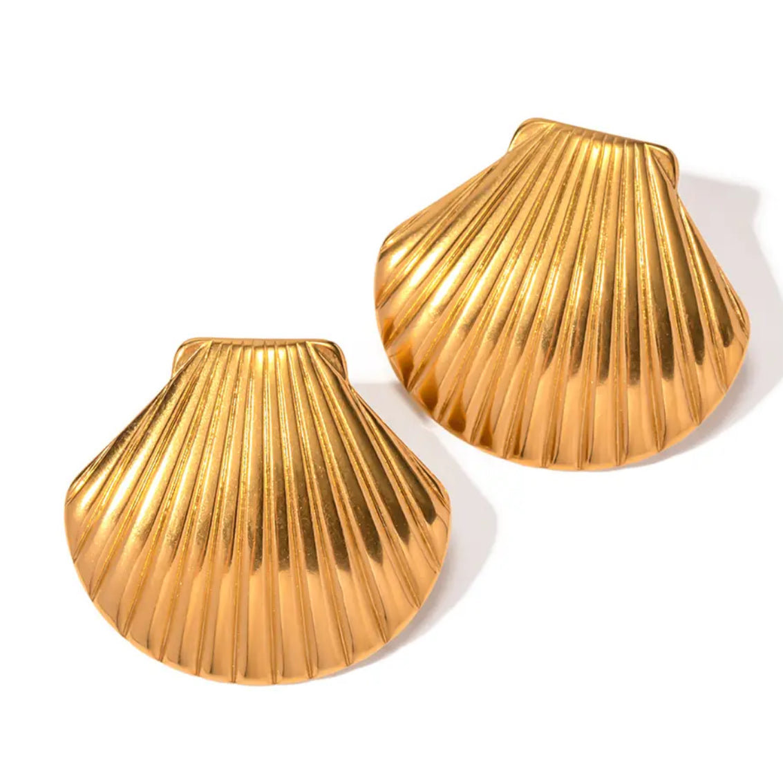 A pair of Shells Stud Earrings made of stainless steel, designed in the shape of seashells. The earrings are 3cm in length and 3.5cm in width, perfect for adding a touch of coastal flair to any outfit.