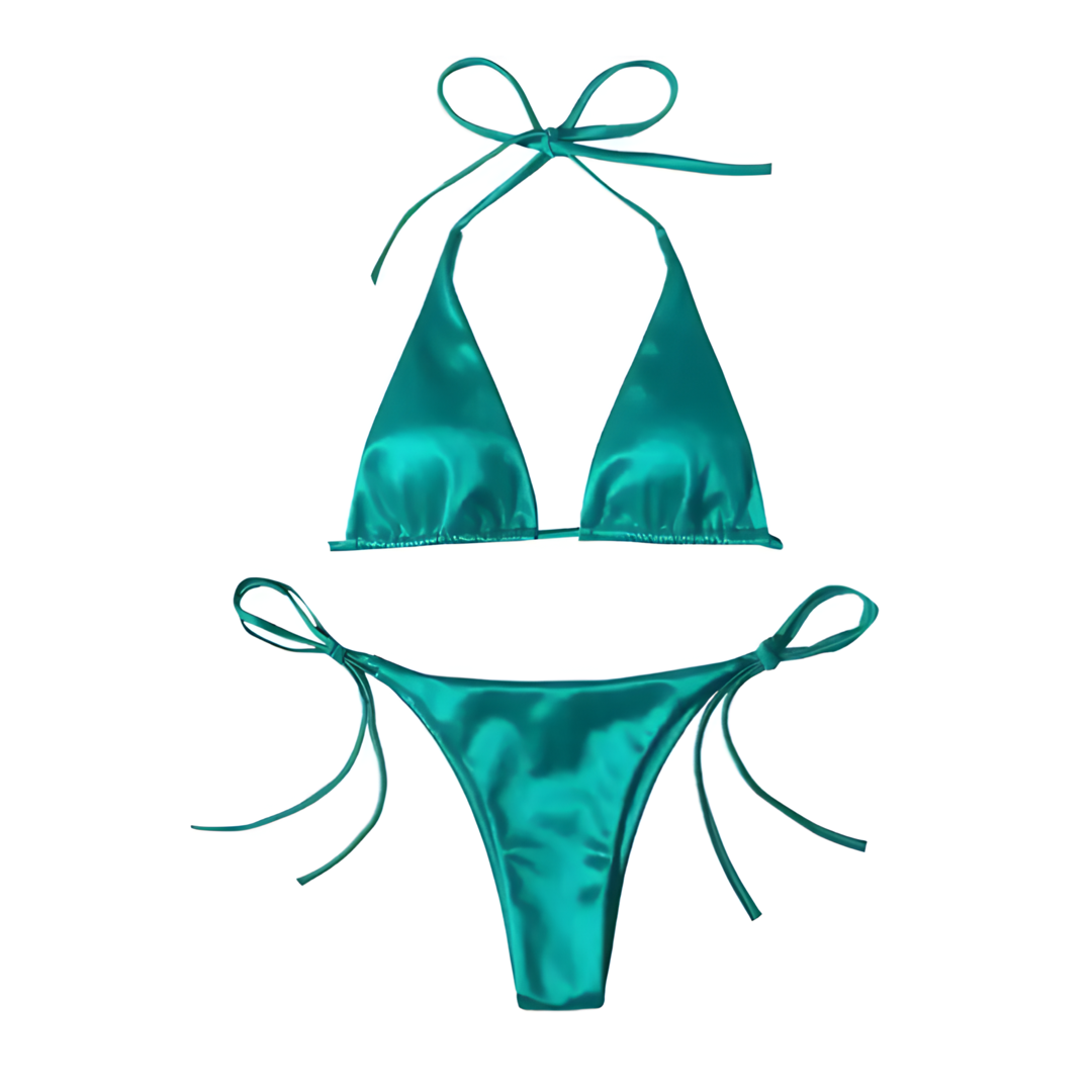 Green Bikini, A bikini set featuring triangular soft cups with removable padding, and adjustable neck and back ties. The shiny, silky fabric maintains its luster even after swimming in the sea. The bottoms have side-tie fastenings for a personalized fit. Made from 80% polyamide and 20% elastane, this bikini is designed for comfort and style.