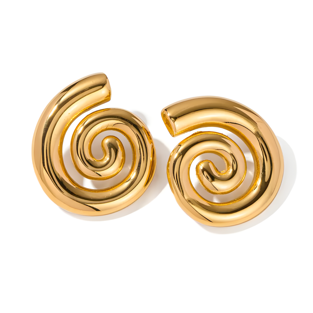 A pair of Spiral Stud Earrings made of stainless steel, featuring a captivating spiral design. The earrings measure 2.5cm by 3cm, adding a unique touch to any outfit.