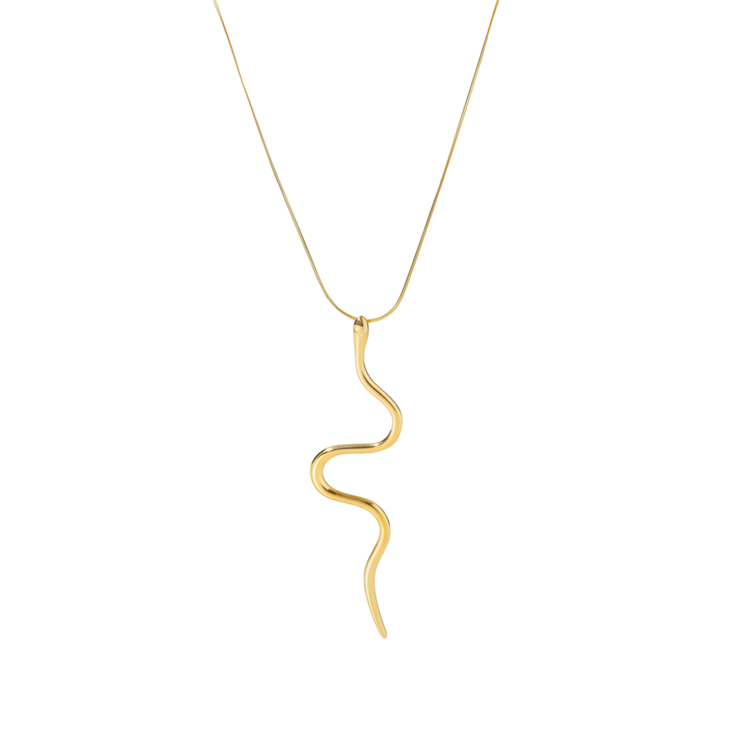 Snake Charm Necklace made of stainless steel, featuring a captivating design and an adjustable length. The necklace has a chain length of 44cm with an option to extend by an additional 5cm, and a snake charm length of 7.5cm. This elegant piece adds a touch of mystique and sophistication to any ensemble.