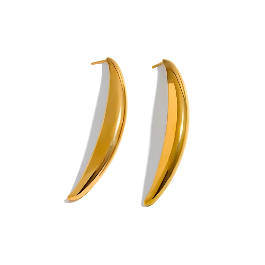 A pair of Banana Stud Earrings made of stainless steel, featuring an elongated banana shape. The earrings are 5.5cm in length and 0.5cm in thickness, offering a bold and chic statement with their unique design.