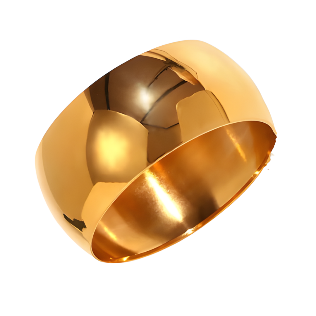A radiant gold stainless steel bangle bracelet with a striking, contemporary design. The bracelet is 3cm thick and has a diameter of 6cm, exuding timeless elegance and opulent charm.