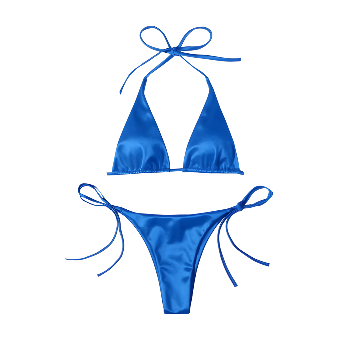 Blue Bikini, A bikini set featuring triangular soft cups with removable padding, and adjustable neck and back ties. The shiny, silky fabric maintains its luster even after swimming in the sea. The bottoms have side-tie fastenings for a personalized fit. Made from 80% polyamide and 20% elastane, this bikini is designed for comfort and style.