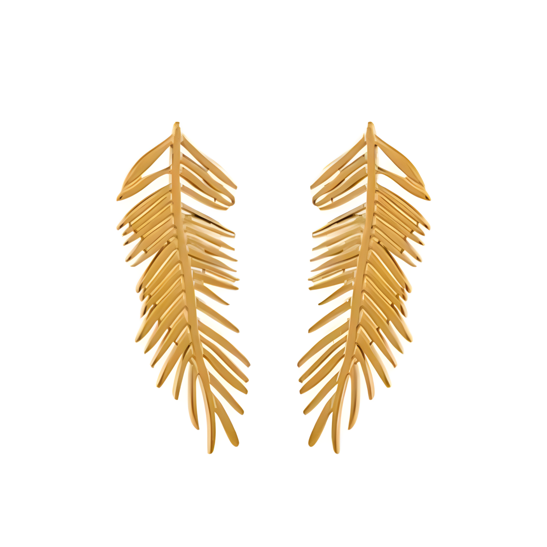 A pair of Palm Leaf Stud Earrings made of stainless steel, delicately crafted in the shape of palm leaves. The earrings are 6cm in length and 2.5cm in width, adding a touch of island allure to your look and embracing a tropical vibe.