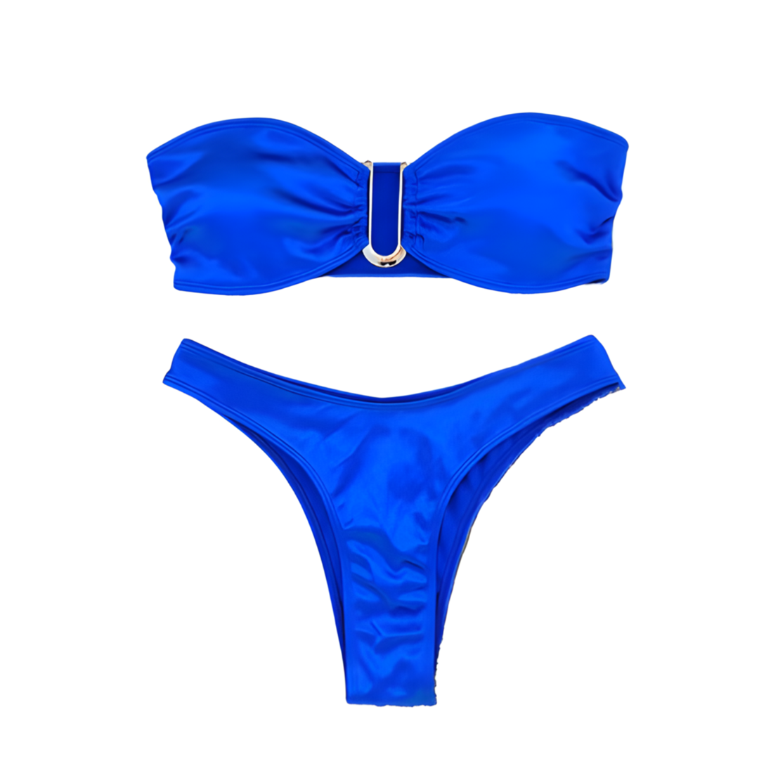 A shiny bandeau bikini designed to exude glamour on the beach. The bikini top features removable pads for style and comfort, along with a metal detail. Made from water-resistant material, the bikini is highly durable and not susceptible to color change or rusting, ensuring a fabulous look swim after swim.