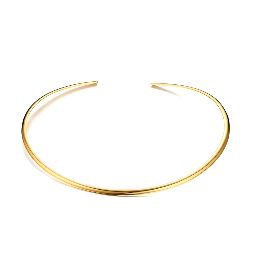 An adjustable necklace with a sleek cuff design, crafted from stainless steel. The necklace is 5mm thick and has a 15cm diameter, which can be adjusted. Its modern and minimalist aesthetic makes it a versatile statement piece.