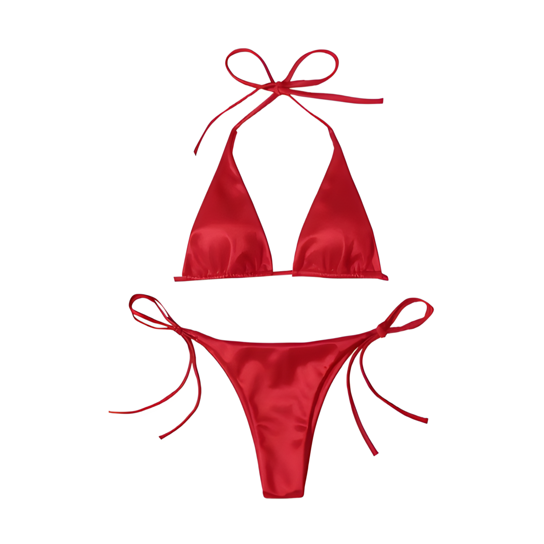 Red Bikini, A bikini set featuring triangular soft cups with removable padding, and adjustable neck and back ties. The shiny, silky fabric maintains its luster even after swimming in the sea. The bottoms have side-tie fastenings for a personalized fit. Made from 80% polyamide and 20% elastane, this bikini is designed for comfort and style.