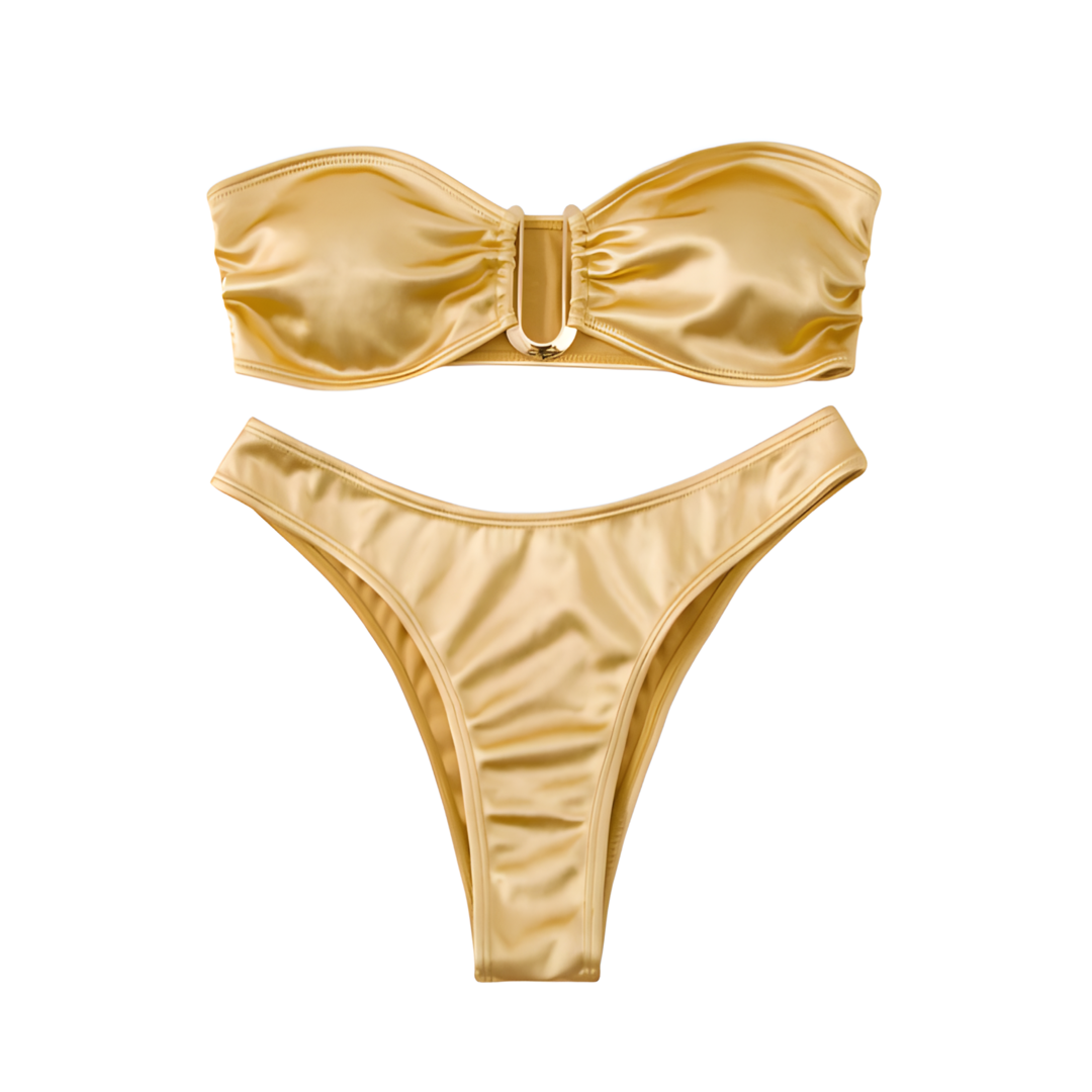 A shiny bandeau bikini designed to exude glamour on the beach. The bikini top features removable pads for style and comfort, along with a metal detail. Made from water-resistant material, the bikini is highly durable and not susceptible to color change or rusting, ensuring a fabulous look swim after swim.