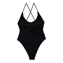 black one-piece swimsuit adjustable on the back